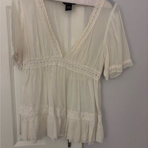 Moda International Cream Lace-Trim V-Neck Peasant Top